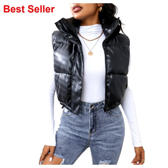 PU Leather Puffer Vest Cropped Jacket Zip Up Sleeveless High Neck